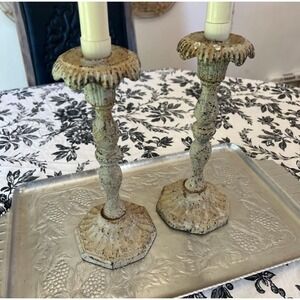 Vintage‎ Ornate Candlestick Holders Pair Distressed Shabby Chic French Country